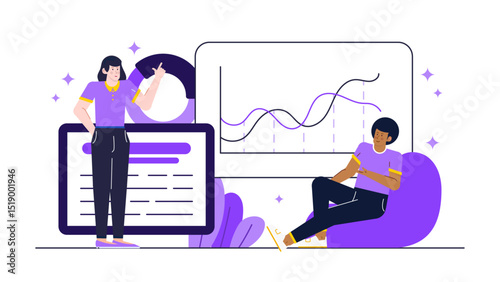 Suitable for business presentations or financial reports. Business professionals showcasing data with pie chart and line graph for presentations, reports, infographics, or marketing materials.