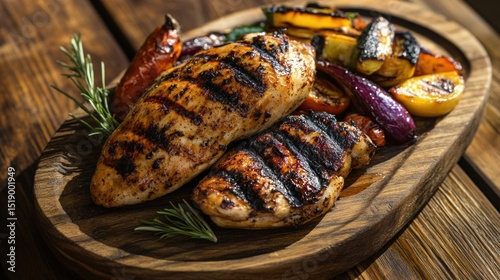 Grilled chicken breasts and assorted vegetables on a wooden platter
