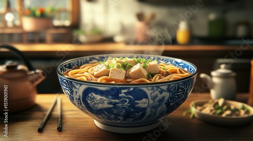 A steaming bowl of noodles