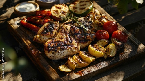 Grilled chicken and vegetables platter on a wooden board