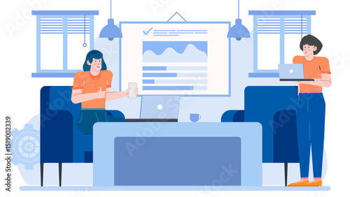 Two women collaborating in office, using a laptop. Suitable for business, team collaboration, workplace, technology, coworkers, diversity concepts.