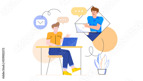 Two men on a video call with laptop suitable for remote work, virtual meetings, online collaboration, technology concepts, and telecommuting.