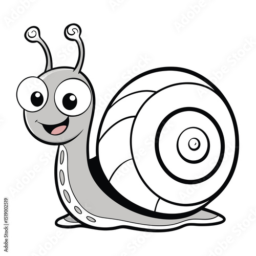 A funny cartoon snail with a cute spiral shell illustration, slowly smiling through nature's garden