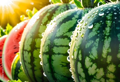 Backlit Watermelons with Water Drops, Silhouette Shot