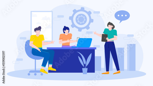 Three people collaborating in a modern office setting, suitable for business teamwork concepts in presentations, websites, and social media.