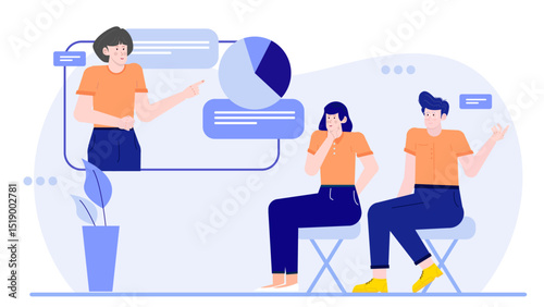 Person presenting a pie chart to two people in a business meeting. Suitable for presentations, data analysis, teamwork concepts.