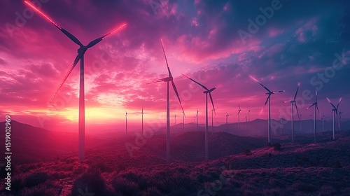 A high-tech wind farm with glowing turbine blades spinning under a neon sky 
