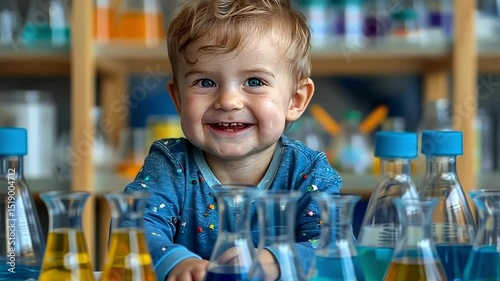 Happy child surrounded by colorful science experiments in a laboratory setting