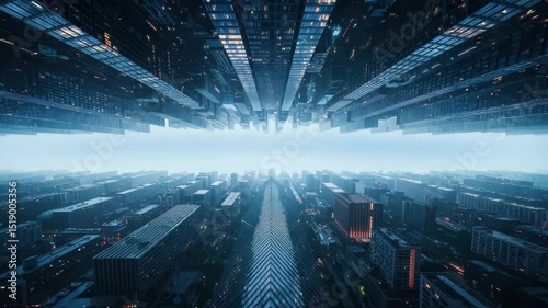 Surreal cityscape with inverted buildings and a horizon of light creating a unique perspective