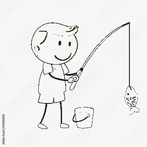 Child Fishing with a Happy Fish