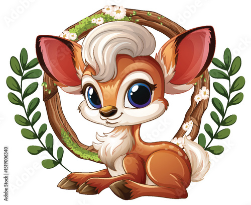 Adorable Cartoon Fawn in Floral Wreath