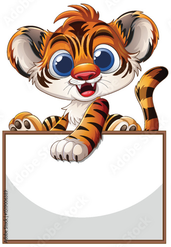 Cute Tiger Cub with Blank Sign