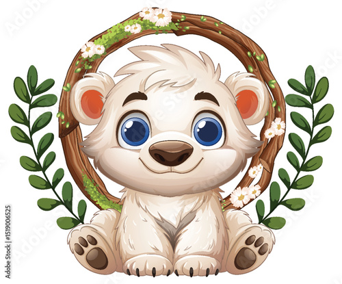Adorable Bear Cub with Floral Wreath