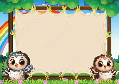 Cute Owls with Rainbow Background