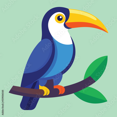 Vibrant blue toucan perched on branch illustration