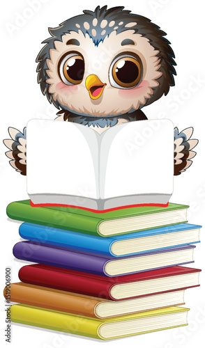 Owl Reading on Colorful Book Stack