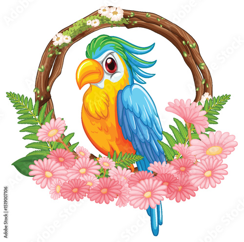 Colorful Bird Surrounded by Floral Wreath