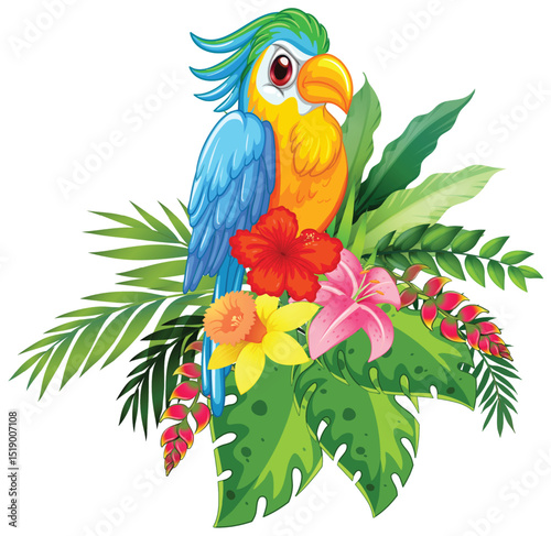Colorful Parrot with Tropical Flowers Illustration