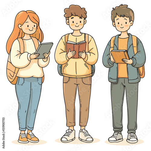 People using laptop, looking at smartphone, holding book