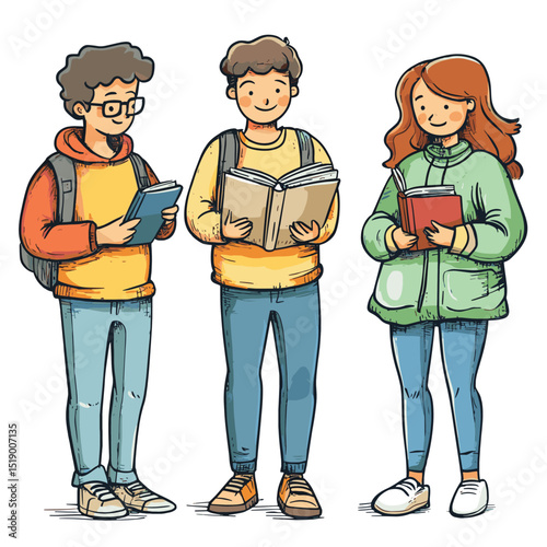 People using laptop, looking at smartphone, holding book