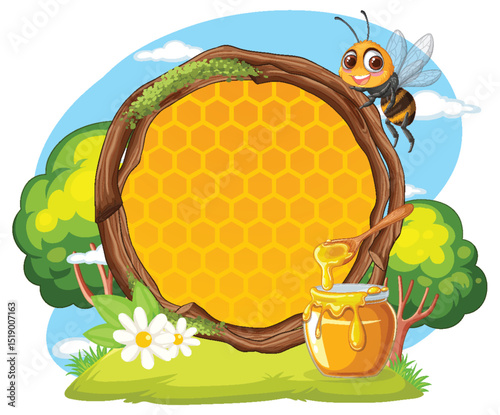 Bee and Honeycomb in Nature Scene