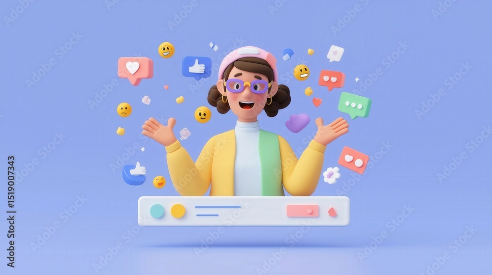 Fototapeta premium Cheerful 3D character with social media icons and colorful background
