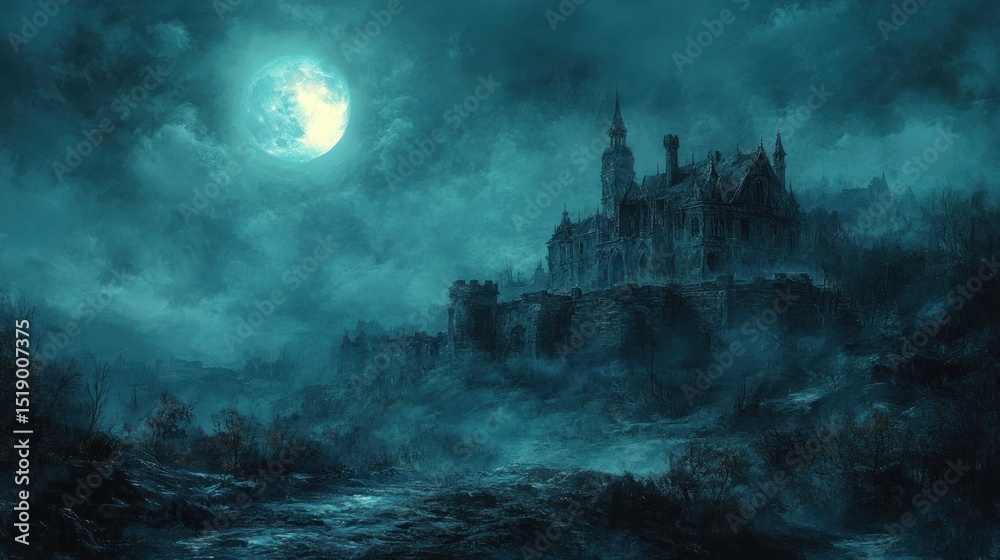 Fototapeta premium Haunted castle under a mystical moonlit sky