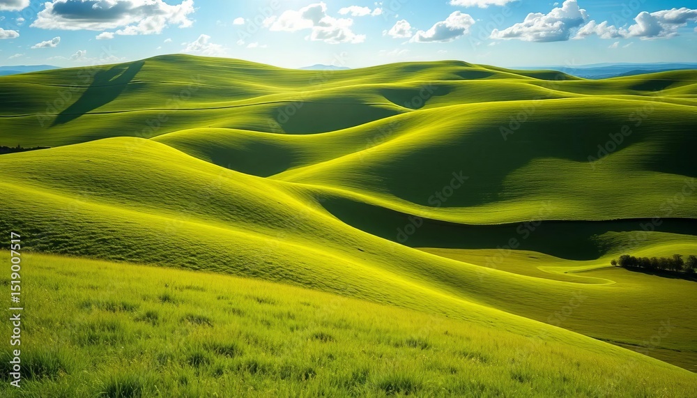 Fototapeta premium Rolling green hills, lush fields under a vibrant blue sky Sunlit pastoral scene, ecology, landscape