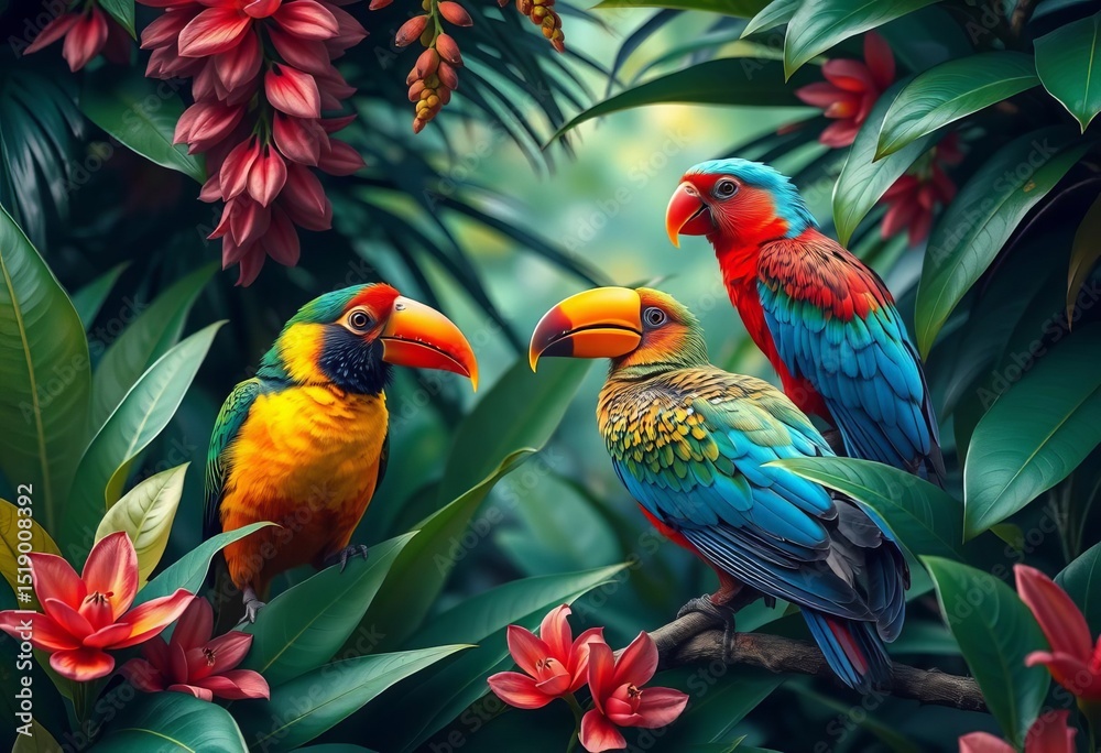 Fototapeta premium Vibrant tropical birds in lush foliage, perfect for summer designs, birds of paradise, tropical theme