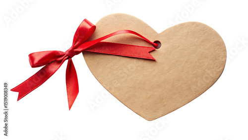 Heart shaped paper tag with ribbon isolated on white background