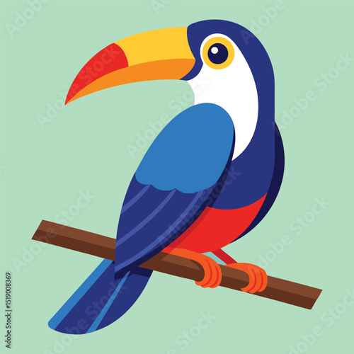 Vibrant blue toucan perched on branch illustration