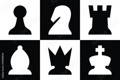 Complete chess pieces icon set include king, queen, bishop, knight, rook, pawn. Top down view for digital view. Modern simple rounded design