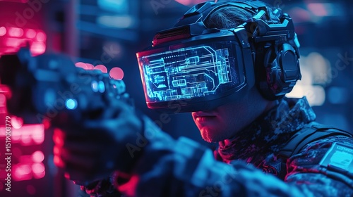 A gamer controlling a fully immersive AR battlefield with glowing holograms 