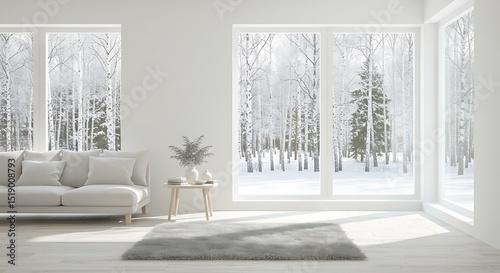 Serene Winter Living Room with Snow-Covered Landscape View