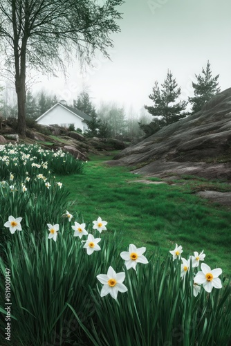 Misty garden scene with daffodils