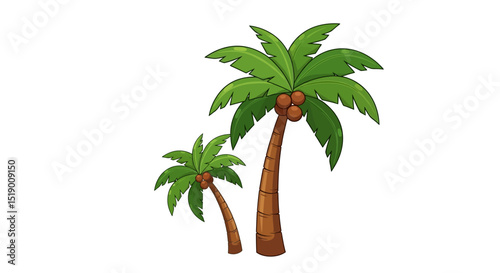 Two Cartoon Palm Trees with Coconuts and Green Fronds