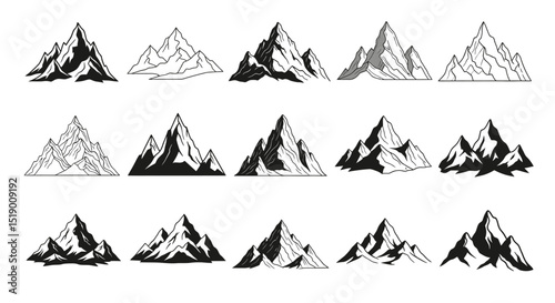 Collection of Fifteen Stylized Black and White Mountain Peak Illustrations