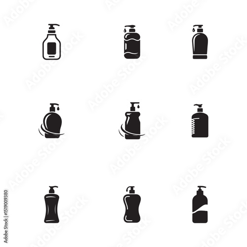 Set of Black and White Pump Bottle Icons for Personal Care Products vector art on white