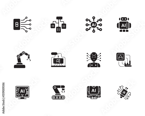 A collection of nine simple, black and white icons depicting various aspects of Artificial Intelligence (AI) vector art on white