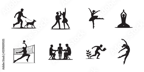 a collection of black silhouettes depicting various human activities, including walking a dog, dancing, playing volleyball, yoga, and more vector art on white