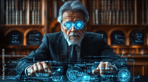 A futuristic lawyer in a courtroom using glowing digital evidence