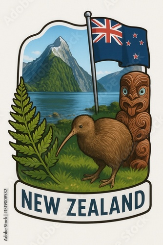 A stylized emblem featuring a kiwi bird, fern, Maori carving, mountain, New Zealand flag, and the text 