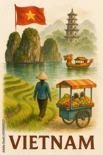 A vibrant Vietnam scene with a flag, limestone mountains, pagoda, dragon boat, fruit vendor, rice fields, and traditional conical hat.
