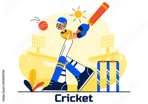 Batsman Playing Cricket Vector Illustration Featuring Bat and Ball on the Field for a Championship Tournament League in a Flat Style Background