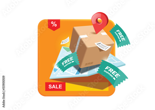 parcel box or cardboard box is place on GPS map with pin indicating delivery location and green free shipping promotion sign floating in air around it, vector 3d for e commerce, online shopping Ad