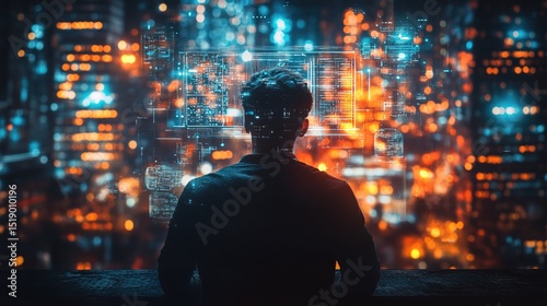 A futuristic architect designing a city using glowing AR projections
