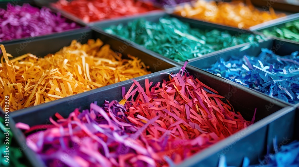 Fototapeta premium Vibrant Rainbow Shredded Paper in Boxes