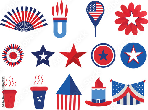 Adobe Illustrator Artwork, 4th of July design bundle, USA Independence Day vector design collection on white background
