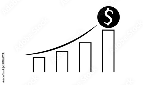 A positive development chart sketch with an upward line, complete with a dollar coin symbol on top, depicts stable and prospective financial growth in a simple and clear visual.