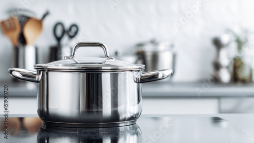 Stainless steel pot with reflection of kitchen tools, modern cooking concept photo